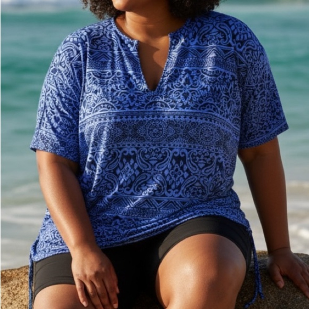 Lands’ End Blue Rash Guard Swim Shirt Cover-Up Adjustable Ruched Side Ties Sz 1X